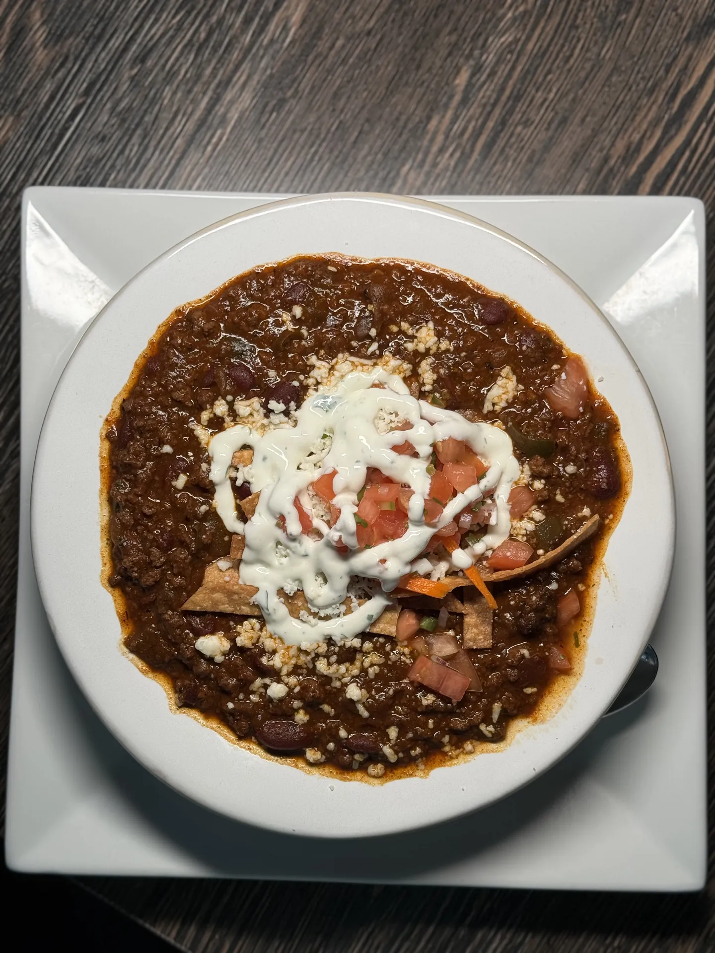 Award winning chili with queso fresco and tortilla strips at GreenHouse in New Hope, PA