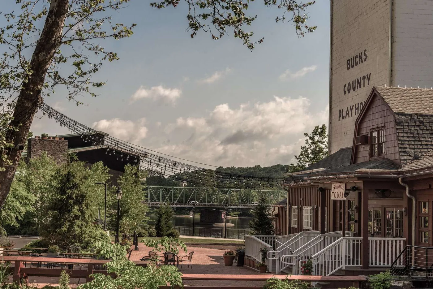 The Bucks County Playhouse in New Hope, PA, housed in Benjamin Parry's former grist mill, with the bridge to Lambertville behind it