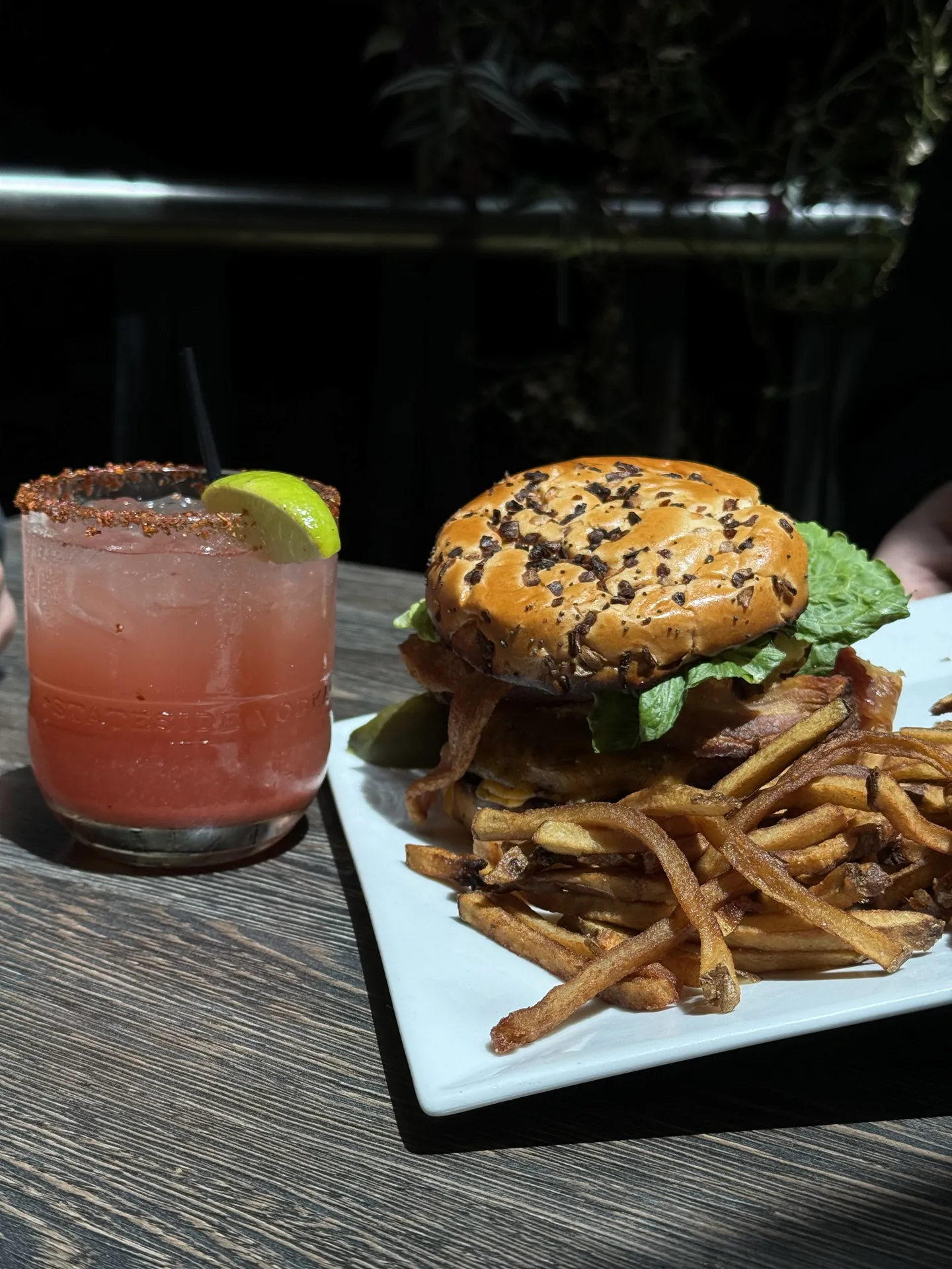Burger with hand cut fries and a margarita at GreenHouse in New Hope, PA