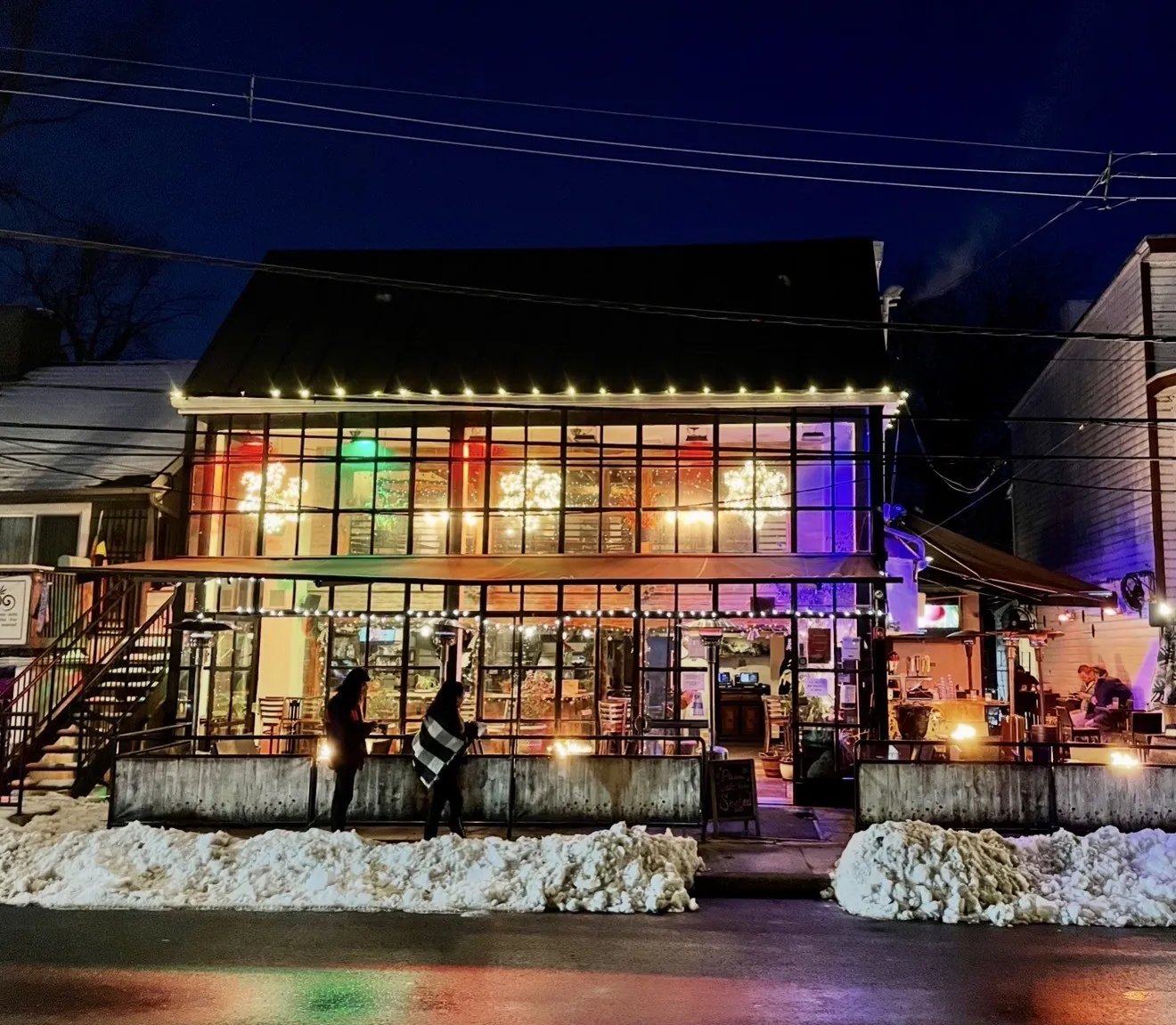 GreenHouse exterior with holiday lights and snow in New Hope, PA