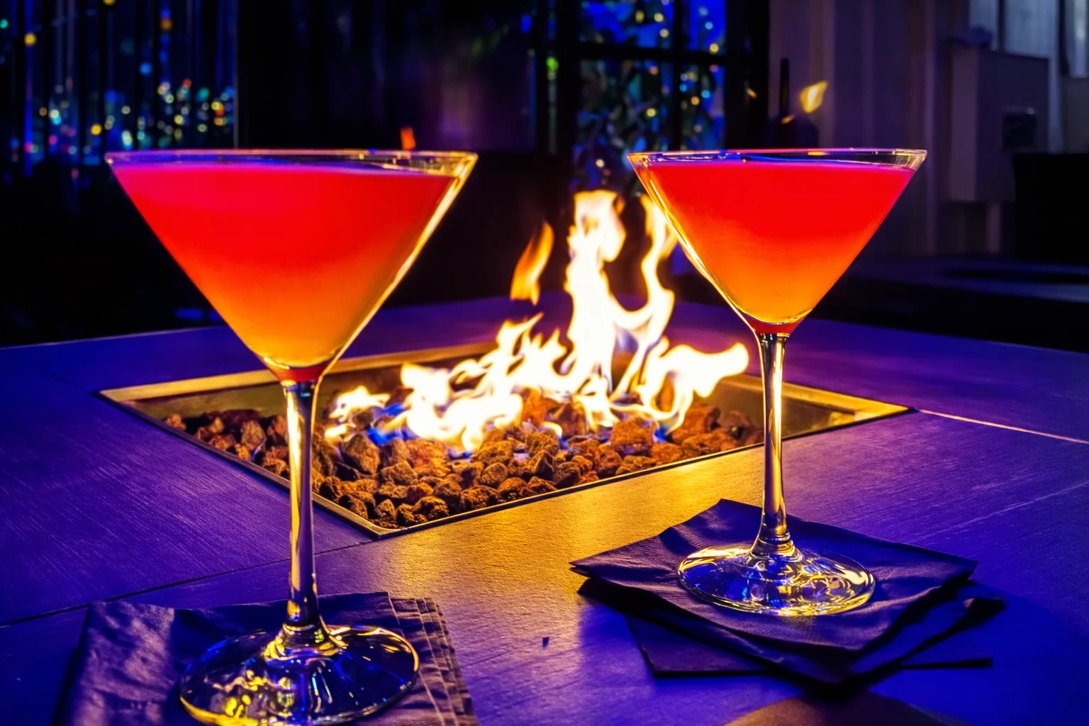 Cocktails beside the fire pit table at GreenHouse in New Hope, PA