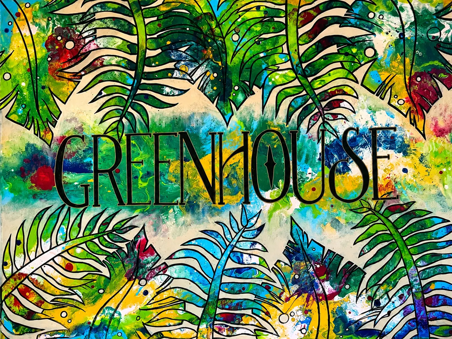 Original GreenHouse artwork, a painted canvas of tropical ferns with the GreenHouse name lettered across it