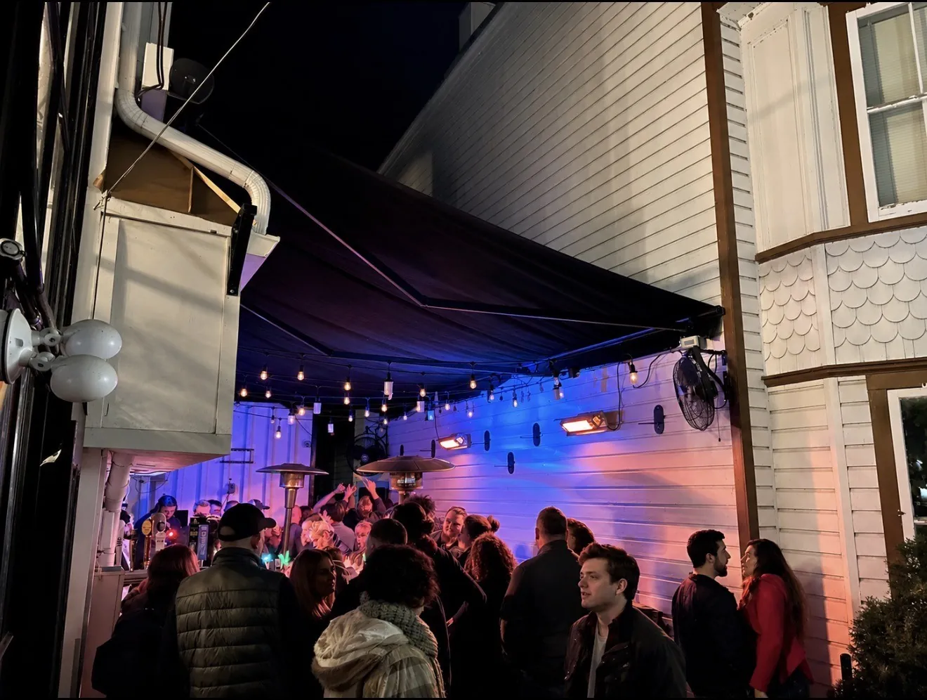 The outdoor bar at GreenHouse on South Main Street, New Hope, at night