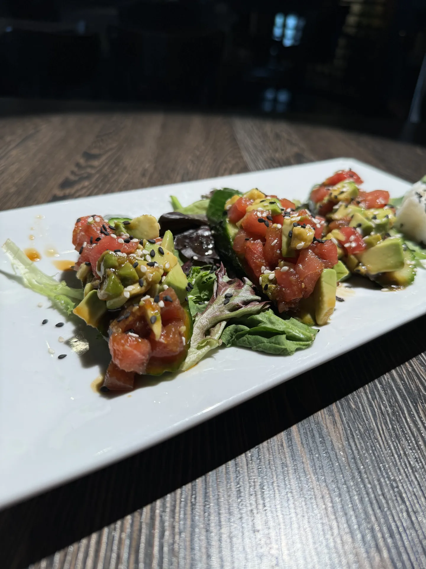 Spicy tuna bites on cucumber with avocado at GreenHouse in New Hope, PA