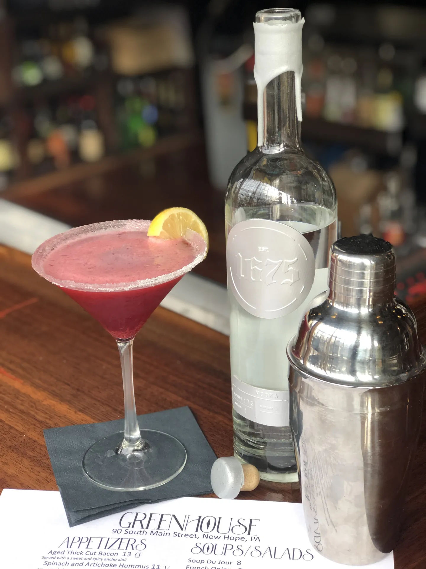 Handcrafted cocktail with a sugared rim at the GreenHouse bar